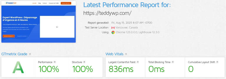 GTmetrix test avec Teddywp