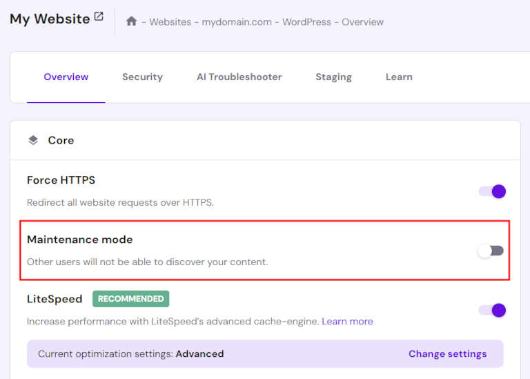 Hpanel de Hostinger, activation du mode maintenance.
